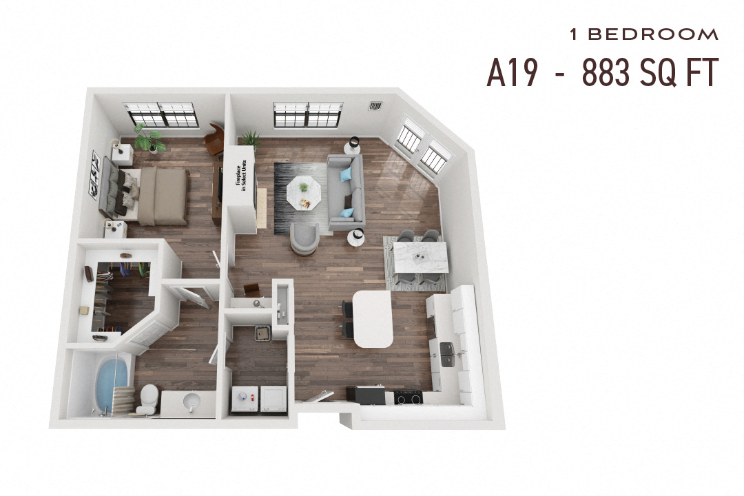 Floor plan for 1 bed, 1 bath, 883 sqft